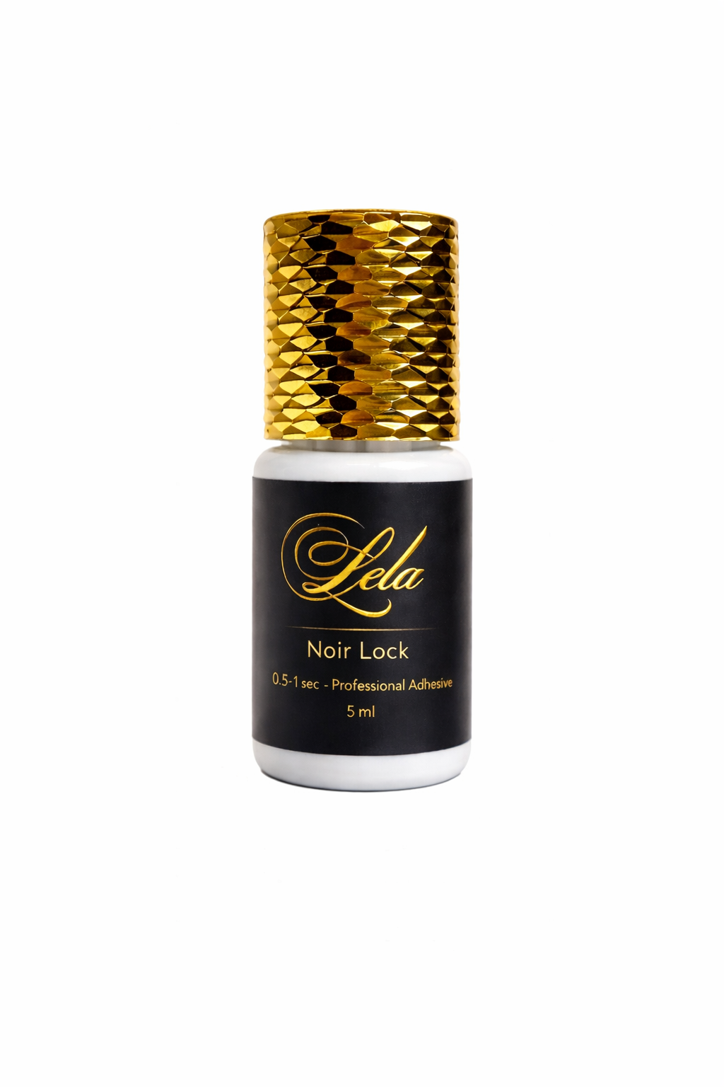 Product photography of a Lela Noir Lock professional eyelash adhesive bottle featuring a striking gold textured cap and a black label with elegant gold script lettering against a clean white background